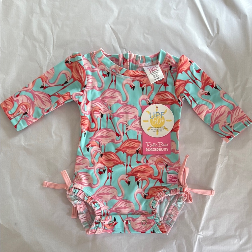 Ruffle Butts Pink and Blue Rashguard Swimwear with Ruffles